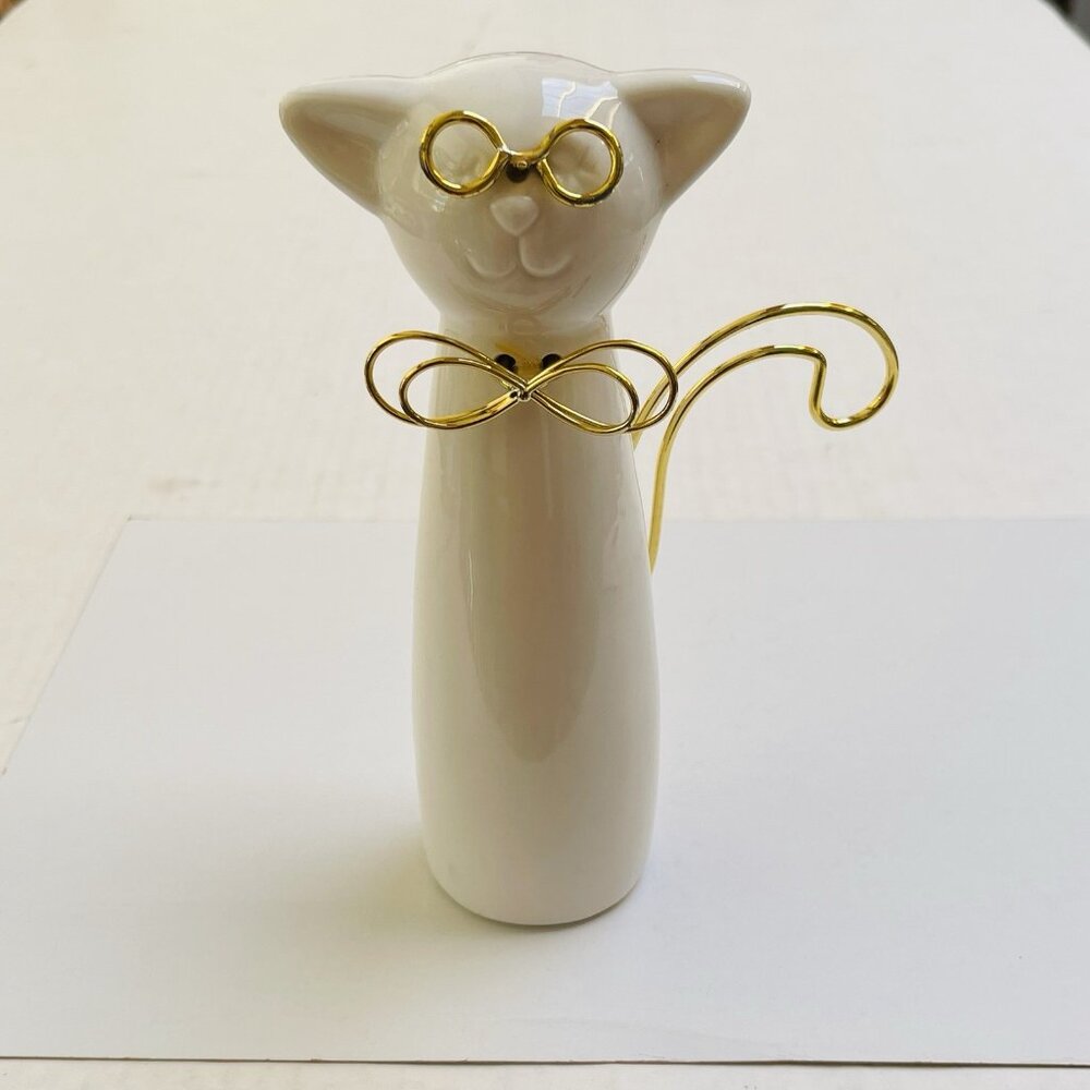 Ceramic Kitty Cat Figurine GoldenGlasses Bow‎ Tail Tabletop Decor
